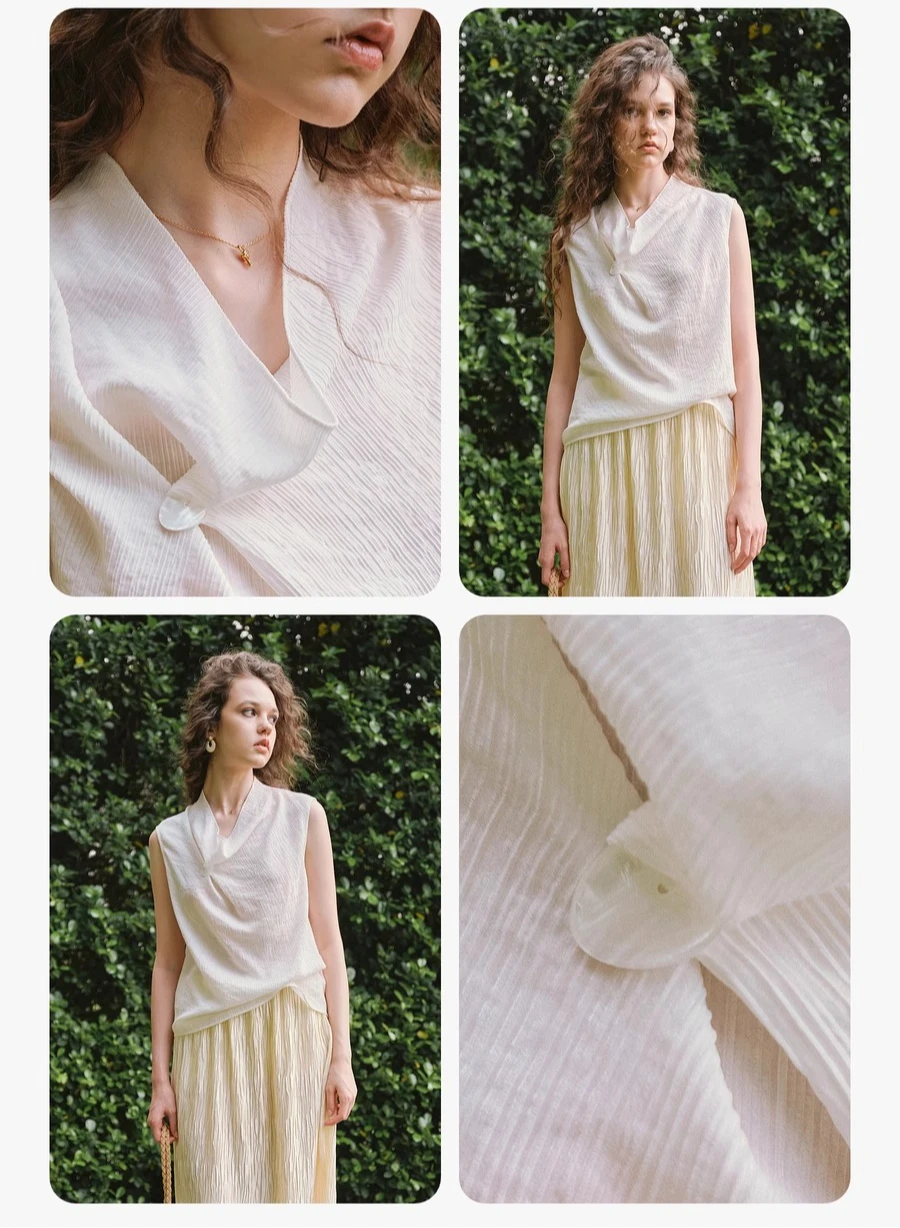 OLrain Women's Summer 2025 Blouse Flowing Collar Sleeveless Design Button-up White Crinkled Fabric Clothes For Woman O57XX98059