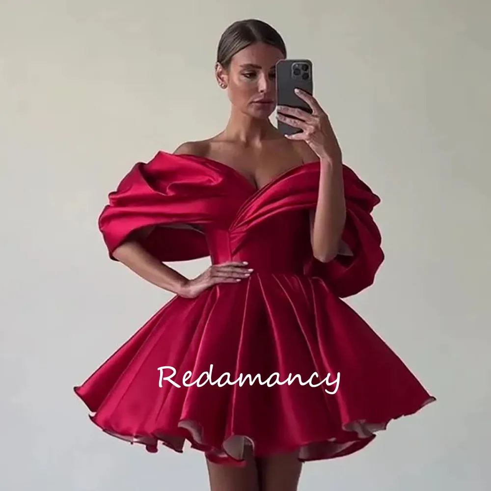 Redamancy Short Prom Dress Red Off The Shoulder Above Knee Satin Formal Evening Gowns Girl Vestidos De Graduación Party Dress