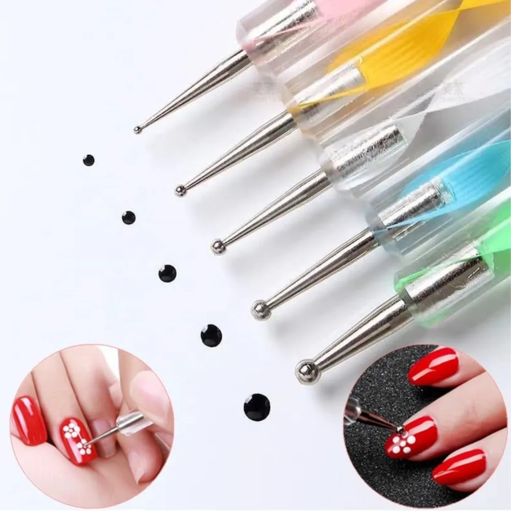 5Pcs/Set Professional 2 Ways Nail Art Dotting Pen Plastic Swirl Wood Marbleizing Steel Rhinestones Pickup Pen Manicure Tools