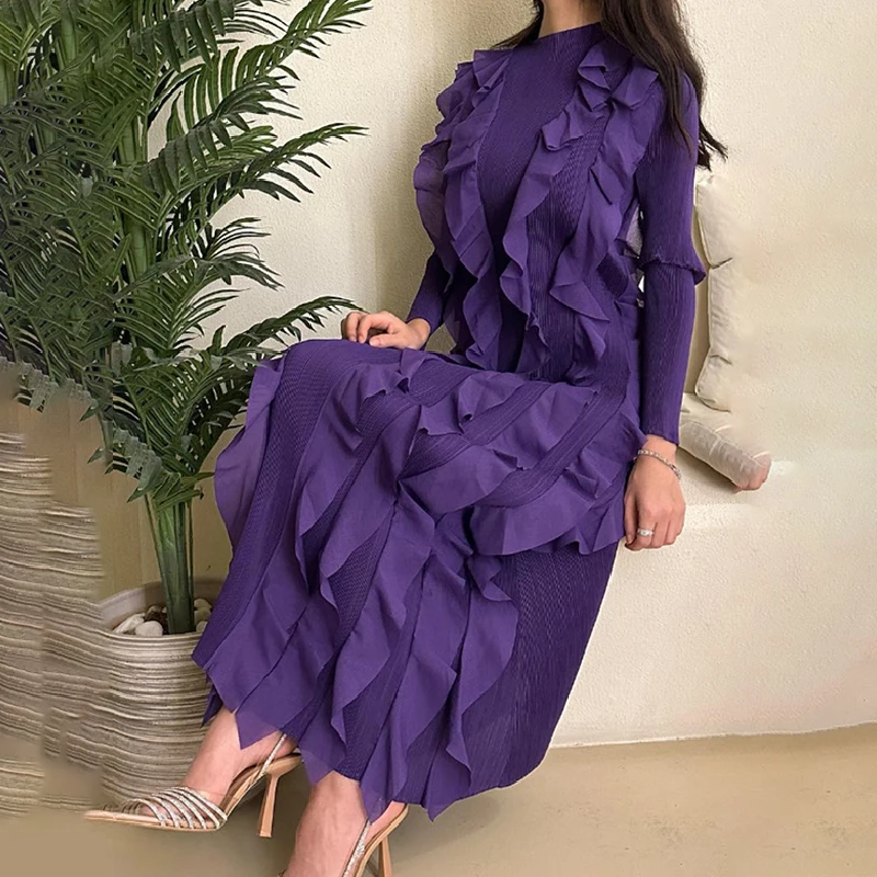 Miyake 플리츠 패션 드레스, O넥 긴팔, 스플라이스 프릴, 2023 여름 이브닝 파티 의류, 레이디 중동 핫세일