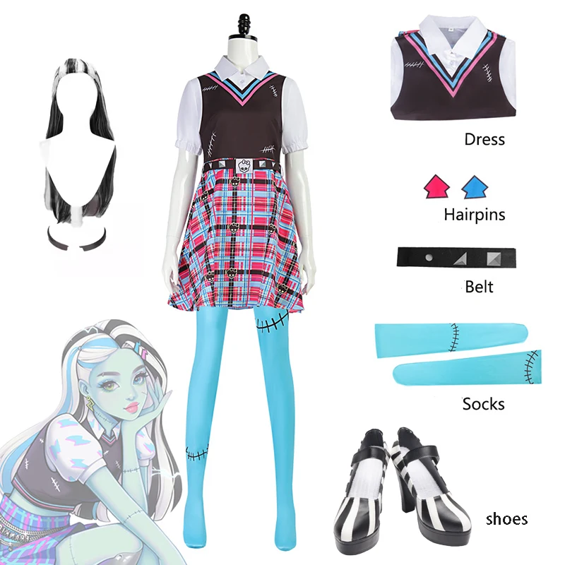 

Monster Franky Stein Cosplay Dress Girl Costume Wig Outfit Halloween Christmas Party Women Zombie Girl Dress Up Doujin Clothes