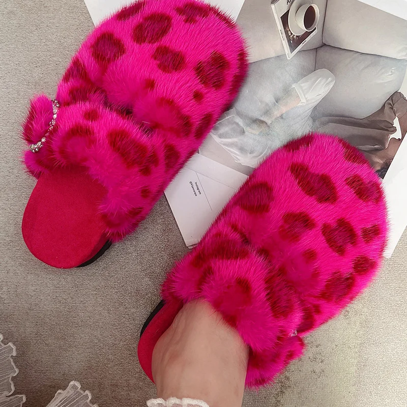 Fashion Women's Real Mink Fur Mules Slippers Clogs Cork Lnsole Sandals With Arch Support Outdoor Soft Fluffy Slides Home Shoes