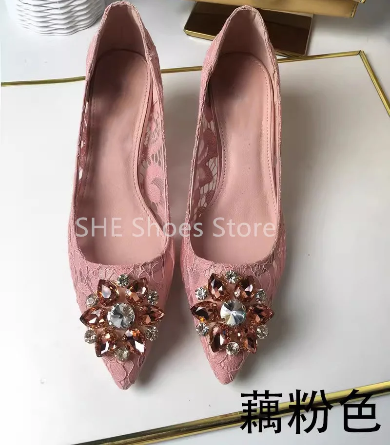 Hollow Out Lace Rhinestone Pointed Toe Thin Heel Women High Heels Fashion Catwalk Shallow Slip-On Pumps Wedding Bride Shoes