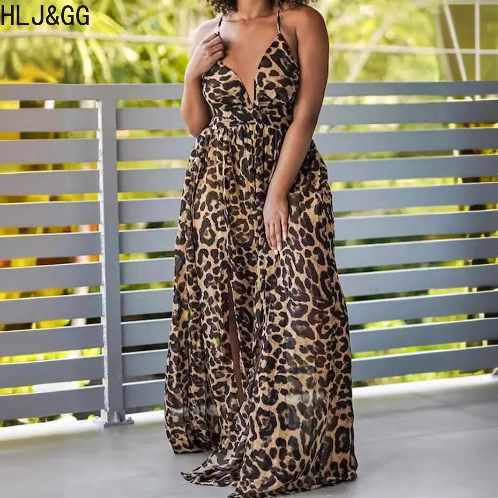 

HLJ&GG Sexy Deep V Leopard Print Halter Backless Suspenders Dresses Women Sleeveless Bandage Loose Robe Female Vestidos 2024 New