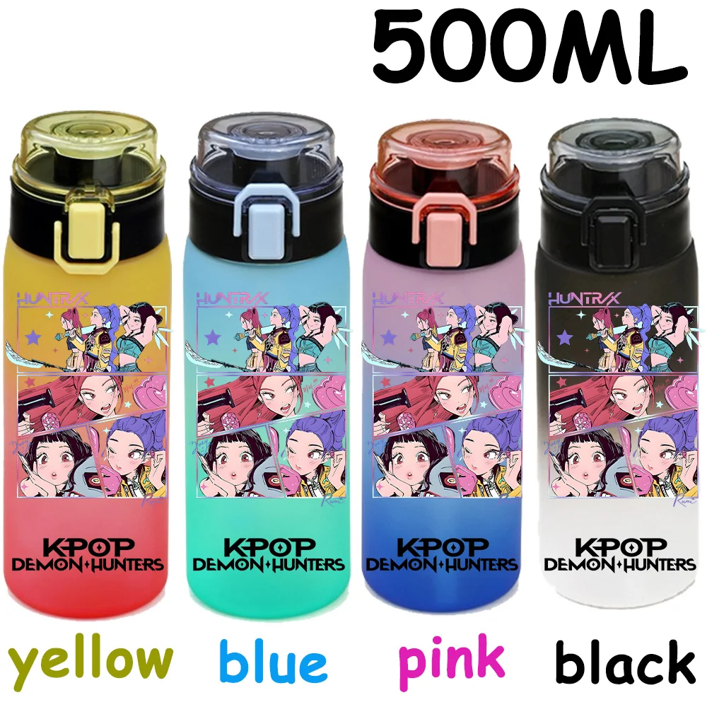 500ML K-pop Demon Hunters HUNTR X Rumi Mira Zoey Jinu Celine Kpop taza de agua de plástico K Pop botella para beber escuela Huntrix Gourde