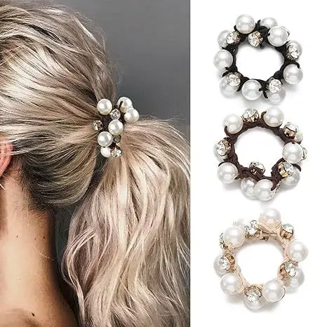 1-3pcs Paux Pearl Brimmed Hair Tie Glitter Rhinestone Decor Hair Rope Retro Style Scrunchies For Women