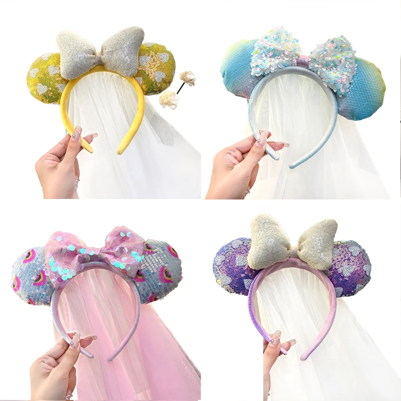 

Disney Amusement Park Mickey Mouse Headband Mesh Yarn Sequin Bow Hair Hoop Korean Cute Sweet Hoop Hair Accessories