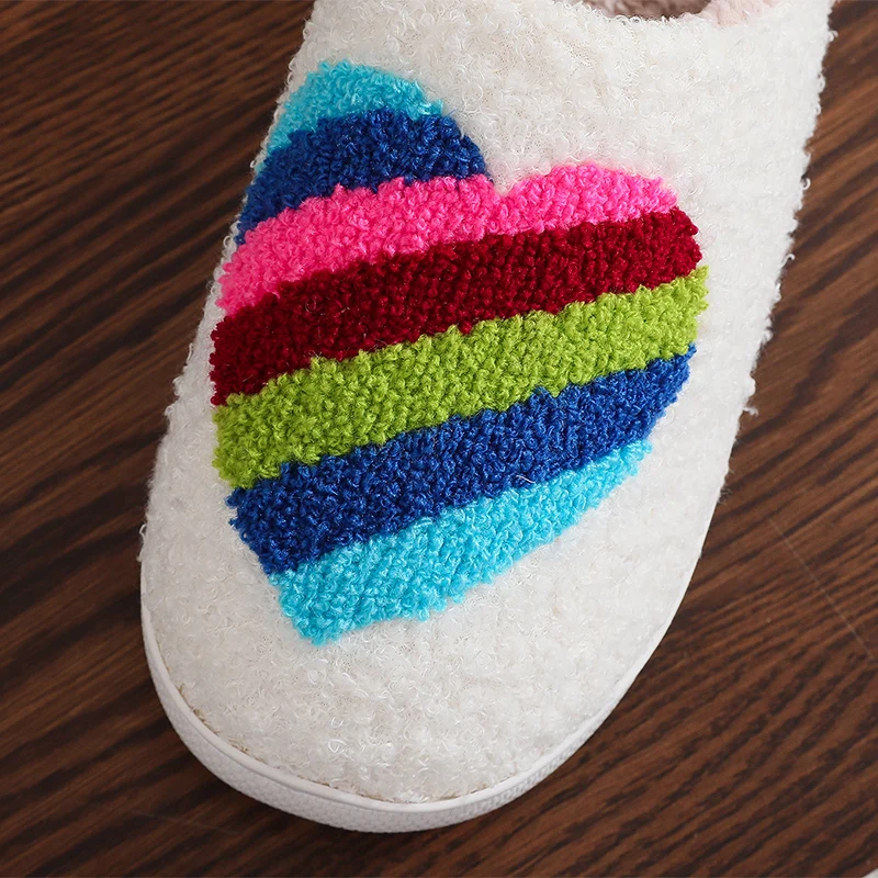 Cute Rainbow Love Slippers Funny Heart Colorful Flat Plush Warm Slippers Indoor House Shoes for Women Men Soft Halloween Gifts