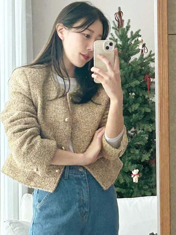 Elegant Sweet round Neck Thickened Woolen Long Sleeve Open Cardigan Women's Chic Small Fragrance Style High-End Short Coat