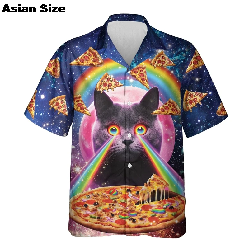 Hamburger Pizza Graphic Beach Shirt For Men Colorful Cat Planet 3D Print Hawaii 2025 Shirts Summer Loose Short Sleeve Blouses