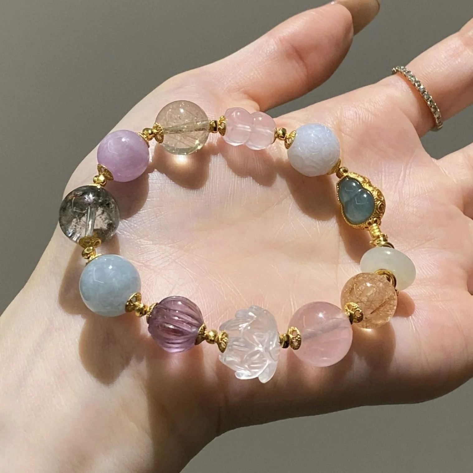 Natural Multi-treasure Crystal Bracelet Rutilated Kunzite Jadeite Hetian Jade Green Phantom S925 Silver Women Hand Jewelry