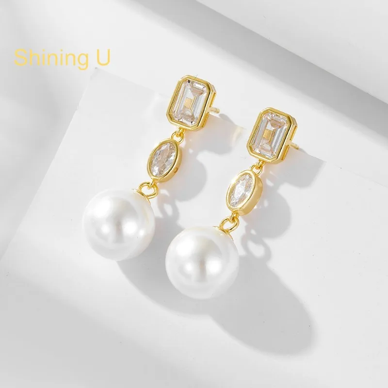 

Shining U 925 Sterling Silver Shell Pearl Zircon Gems Drop Earrings for Women Fine Jewelry Anniversary Wedding