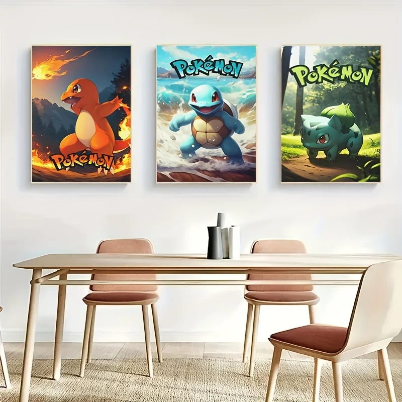 3Pcs Pokemon Poster Pikachu Charmander Squirtle Canvas Painting Japanese Anime Wall Art Wall Decor Bedroom Home Decor Unframed