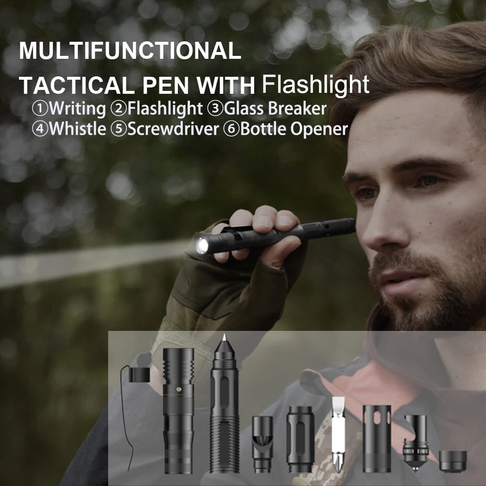 Segurança Proteção Tactical Pen com lanterna LED, Self Defense Survival Glass Breaker, Emergency Whistle, Screwdriver Tool