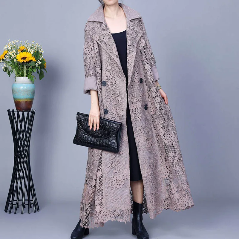 Spring 2024 New Coat Lace Embroidered Water Dissolved Flower Suit Collar Trench Coat Long Slim Fit Windbreaker Top quality