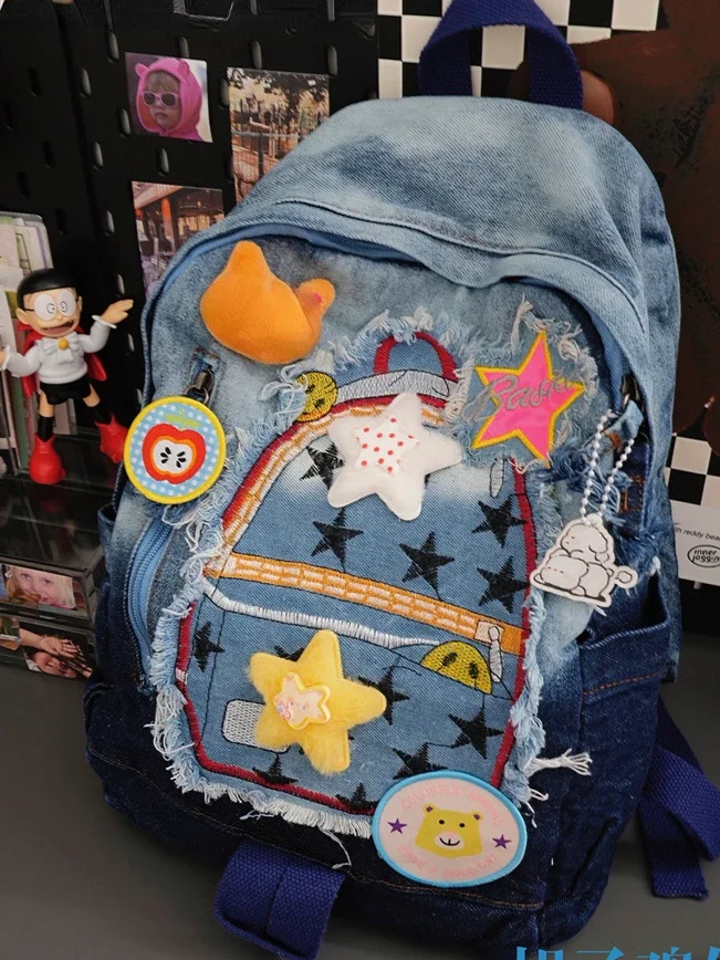 Retro Cowboy Color Matching Backpack Female Japanese Sweet Lovely Girl Y2k All-match Bag College Student Small Backpack