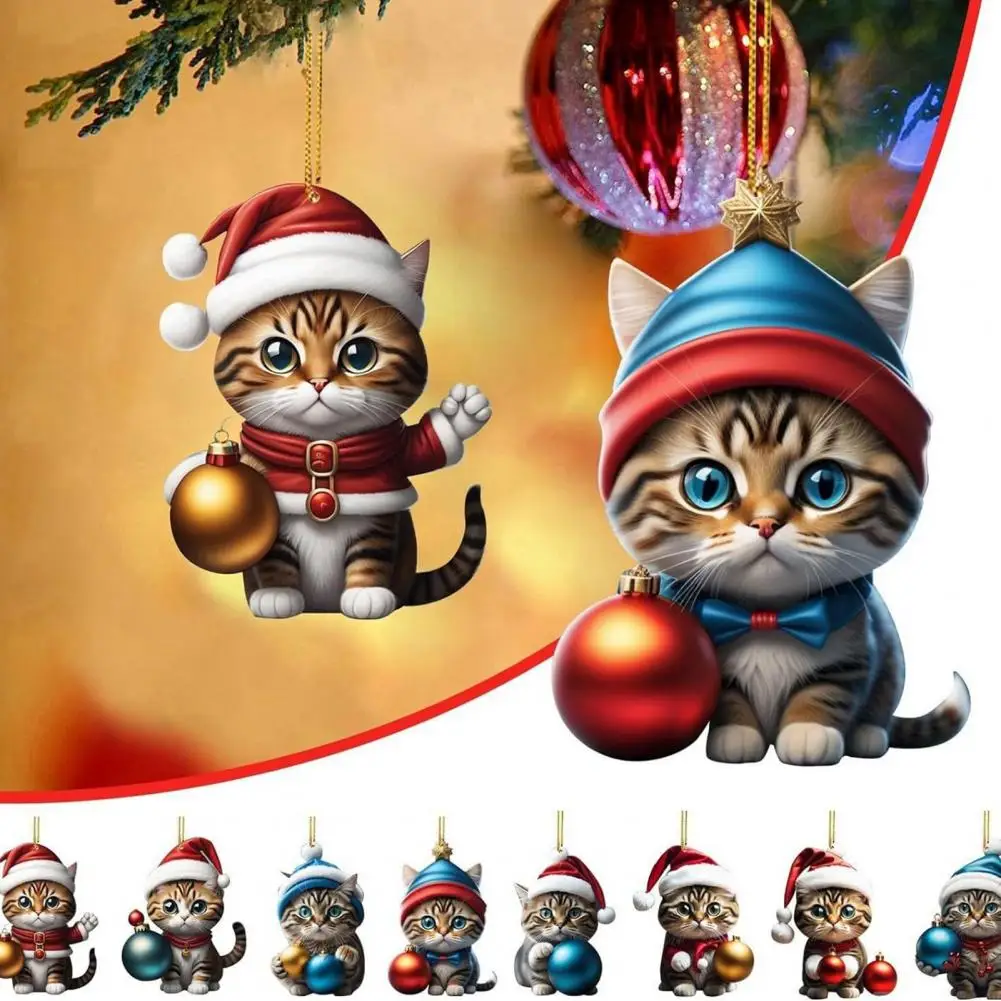 Acrylic Christmas Cat Ornament Xmas Tree Decor Hanging Backpack Keychain Holiday Accessory For Car Rearview Mirror Bag Key