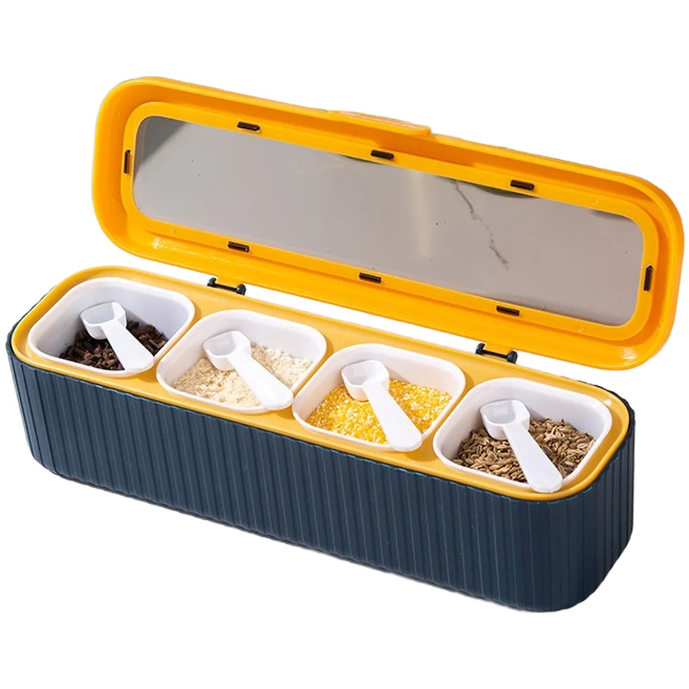 Sealed Four Grid Seasoning Box with Clear Lid Panel and 4 Measuring Spoons for Easy Refill and Portion Accuracy