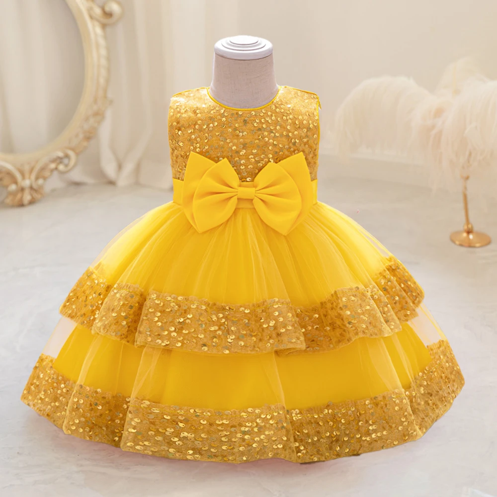 Sequin Bow Baby Girls Party Dresses Toddler 1st Birthday Baptism Dress Lace Wedding Princess Dress for Girls Christmas Prom Gown