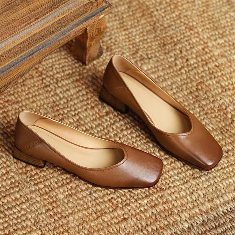 Autumn Woman Elegant Square Toe Concise Shoe 4CM High Heels Female Shallow Mouth Mary Jane Shoes Brown Women Comfortable Loafers