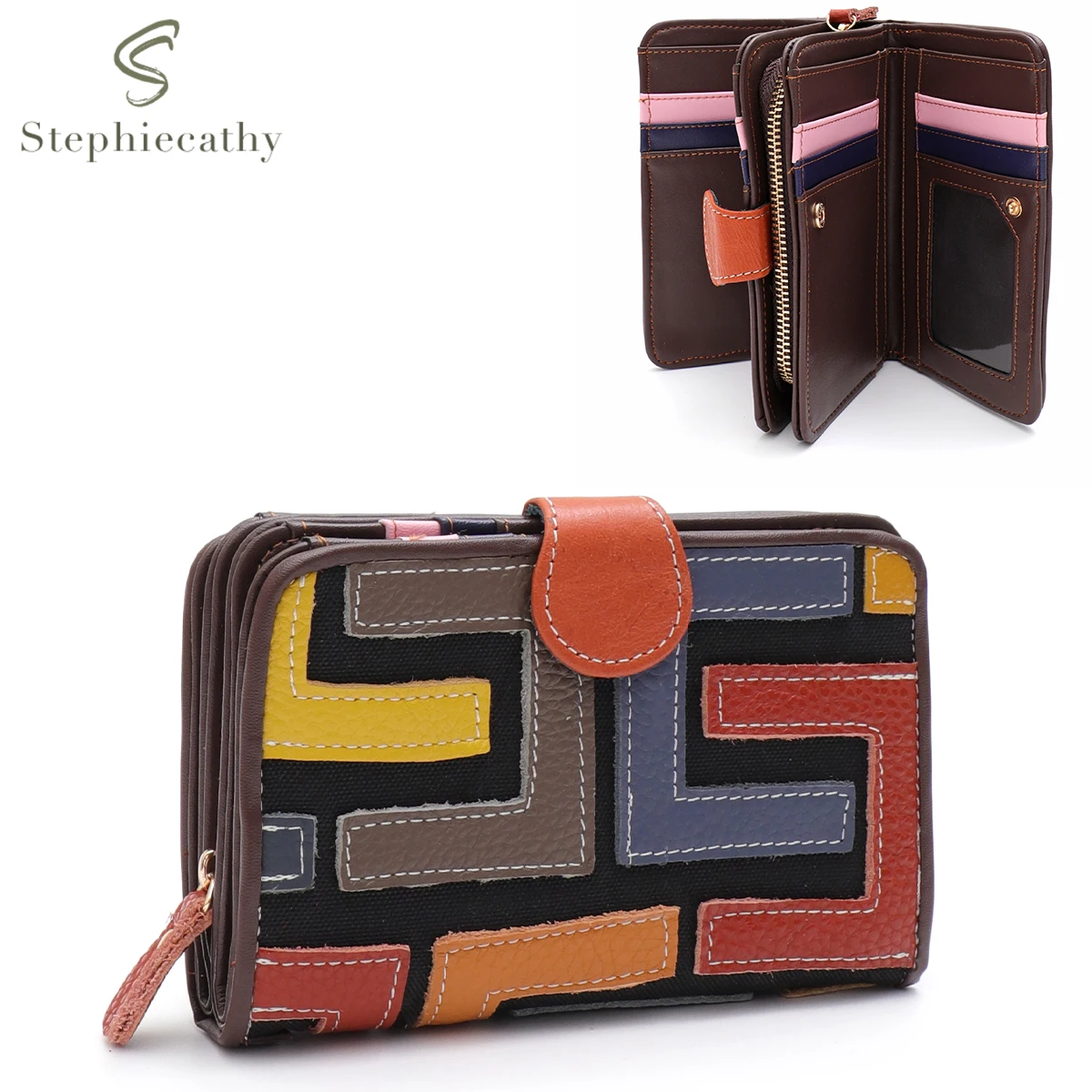 

SC Functional Women Fashion Bifold Wallet Colorful Cowhide Patchwork Button Closure Multiple Pockets Cardholders Cash Coin Purse