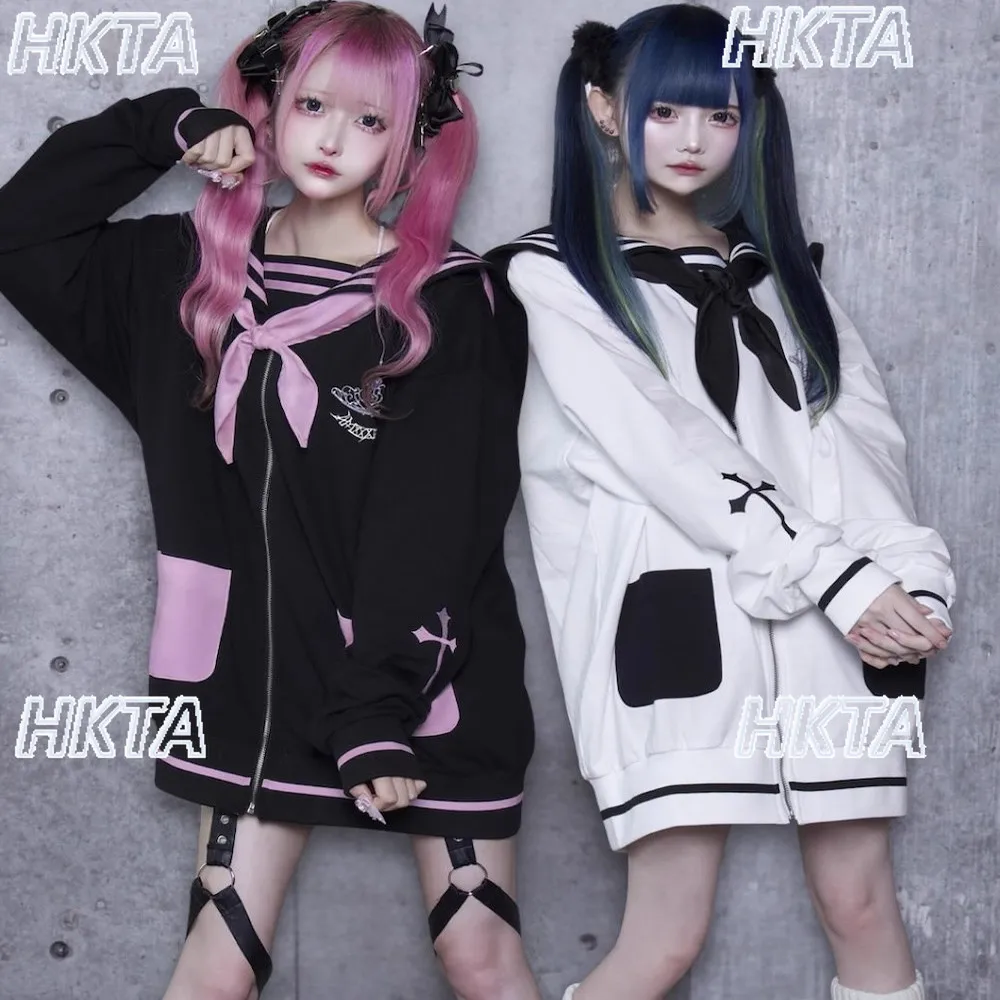 Subcultura japonesa universidad bordado cuello marinero manga larga Color contrastante sudaderas casuales sueltas chaqueta mujer abrigo largo