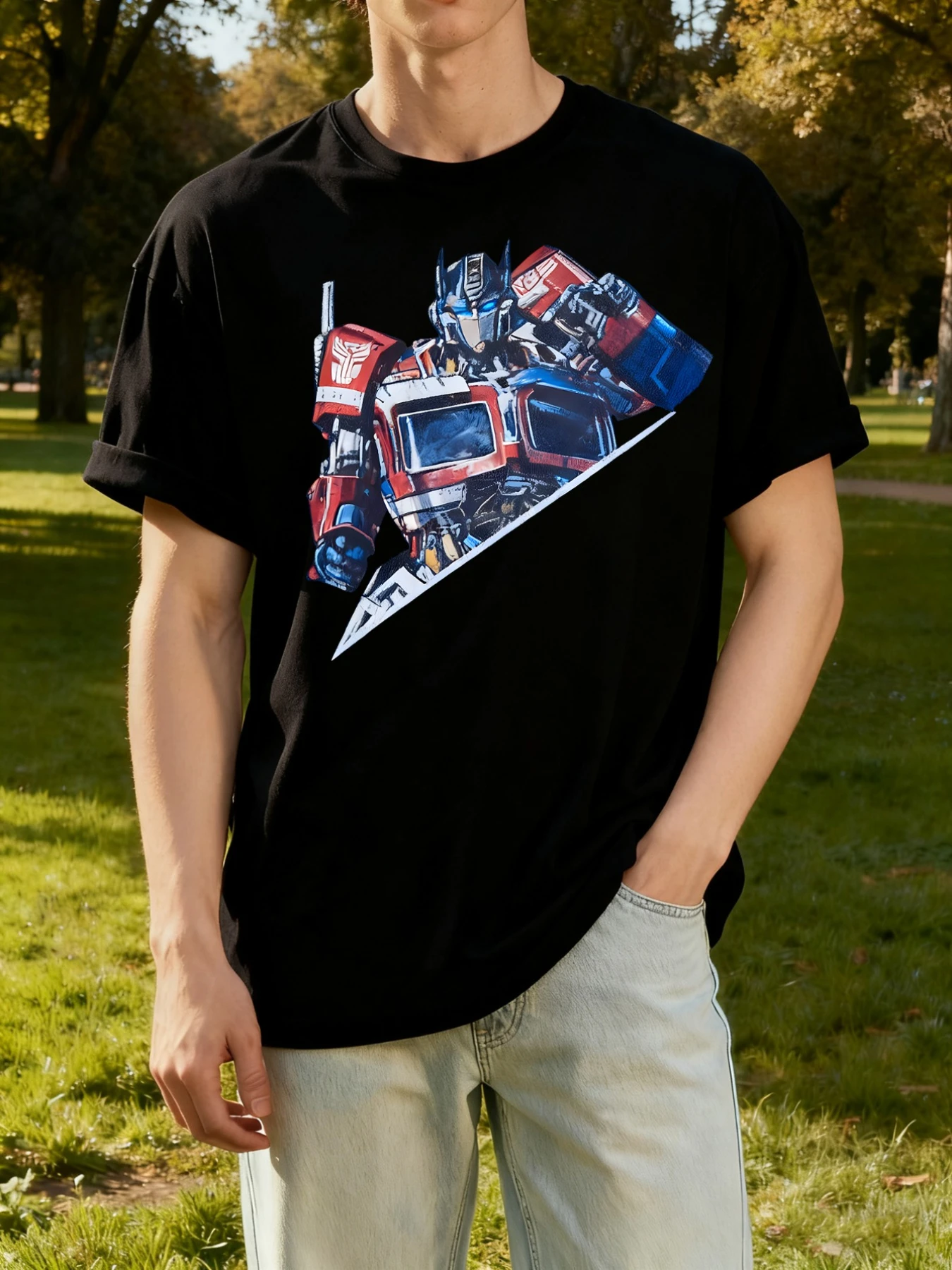 Camiseta Transformers animada "Optimus Prime e Bumblebee" com estampa criativa de 67 números, moda casual com gola redonda