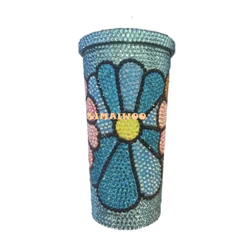

Blue Sun Flower Straw Cup Stainless Steel Juice Vaccum Christmas Decor Handmade Art Gift Diamond Painting Popular Bling Mosaic