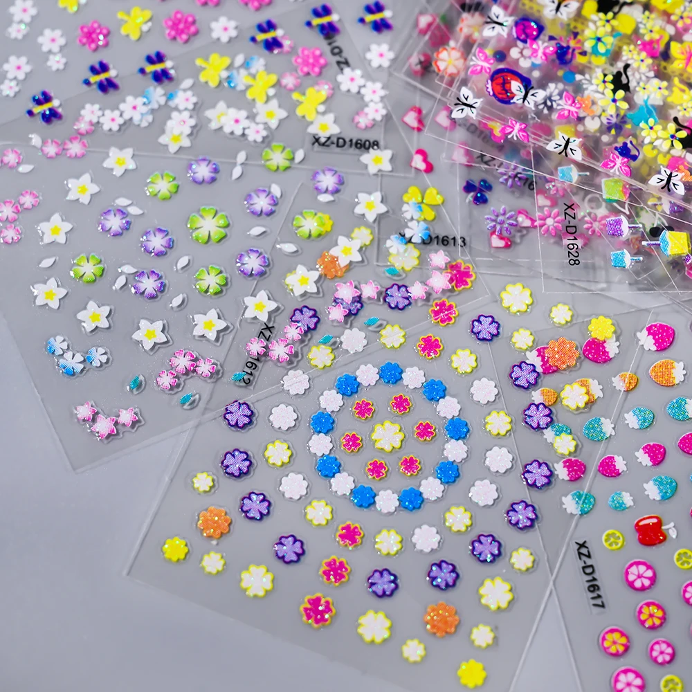 30sheets Cute Floret Self Adhesive Nail Stickers Jelly Colorful Bow, Flowers Clover Nail Art Slider DIY Child Kawaii Nail Decor