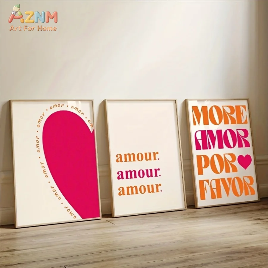 3pcsAZNM Amor Amour Love Heart Inspirational Quote Canvas Wall Art Hot Pink Orange Retro Bold Typography Minimal Boho Aesthetic