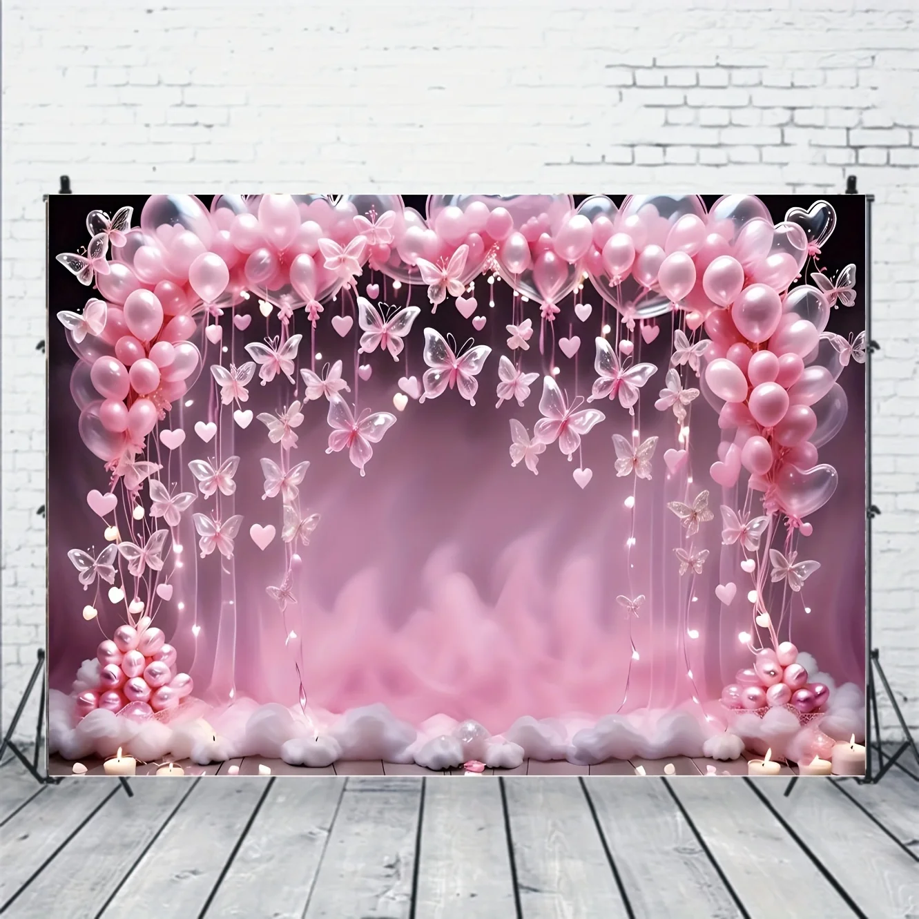 The pink butterfly birthday celebration background features heart-shaped string lights and clouds, teen showers and parties