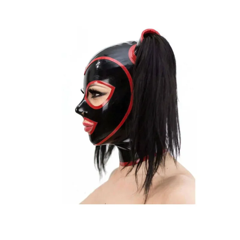 Latex kap sexy fetish zwart rubberen masker zwart met rood 2-haar ritssluiting cosplay halloween kostuums op maat gemaakt