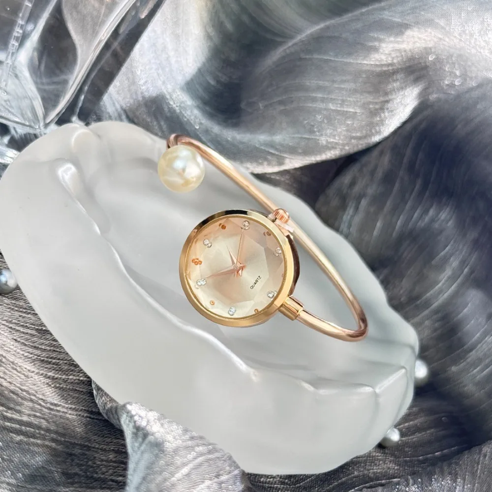 Fashion Alloy Ladies Quartz Wristwatch Rose Gold Rhinestone Bracelet Watch Vintage Imitation Pearl Small Dial Watch Women's
