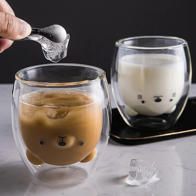 Double Glass Cup Qute Coffee Mug Bear Cat Dog Animal Transparent Cute Milk Juice Tea Drinking Cups Birthday Party Wine Glasses