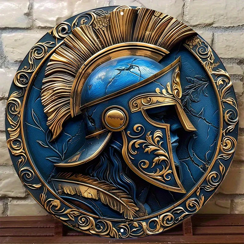 Vintage-Helm-Metallschild, rundes Aluminium-Poster mit antiker griechischer Bildgebung, Retro-Wandkunst für die Bar