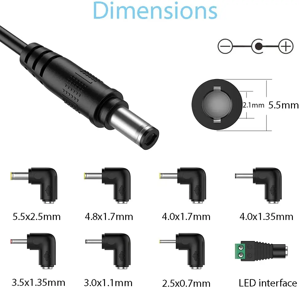 12V 2A Car Charger Universal Power Cord 5.5x2.1mm to Cigarette Lighter with 8 Connector for DVD Player, GPS, Bluetooth Speakers,