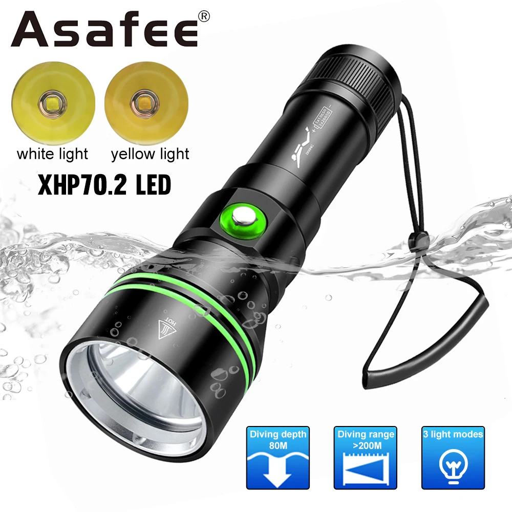 asafee-dv-79-xhp-70-led潜水懐中電灯ipx-8防水強光水中80メートルモリ漁水肺潜水懐中電灯