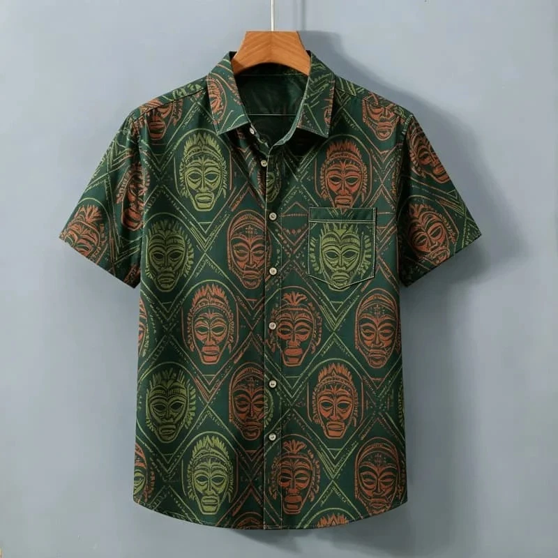 Tribal Totem Printed shirt, men's Short Sleeved Shirt With pockets, Suitable For Daily Wear And Mysterious Tribal Atmosphere
