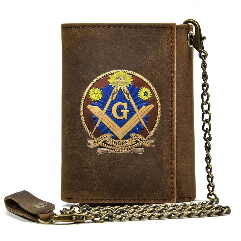 

Men Genuine Leather Wallet With Iron Chain Masonic Sun Face Faith Hope Charity Card Holder Short Purse BT1450