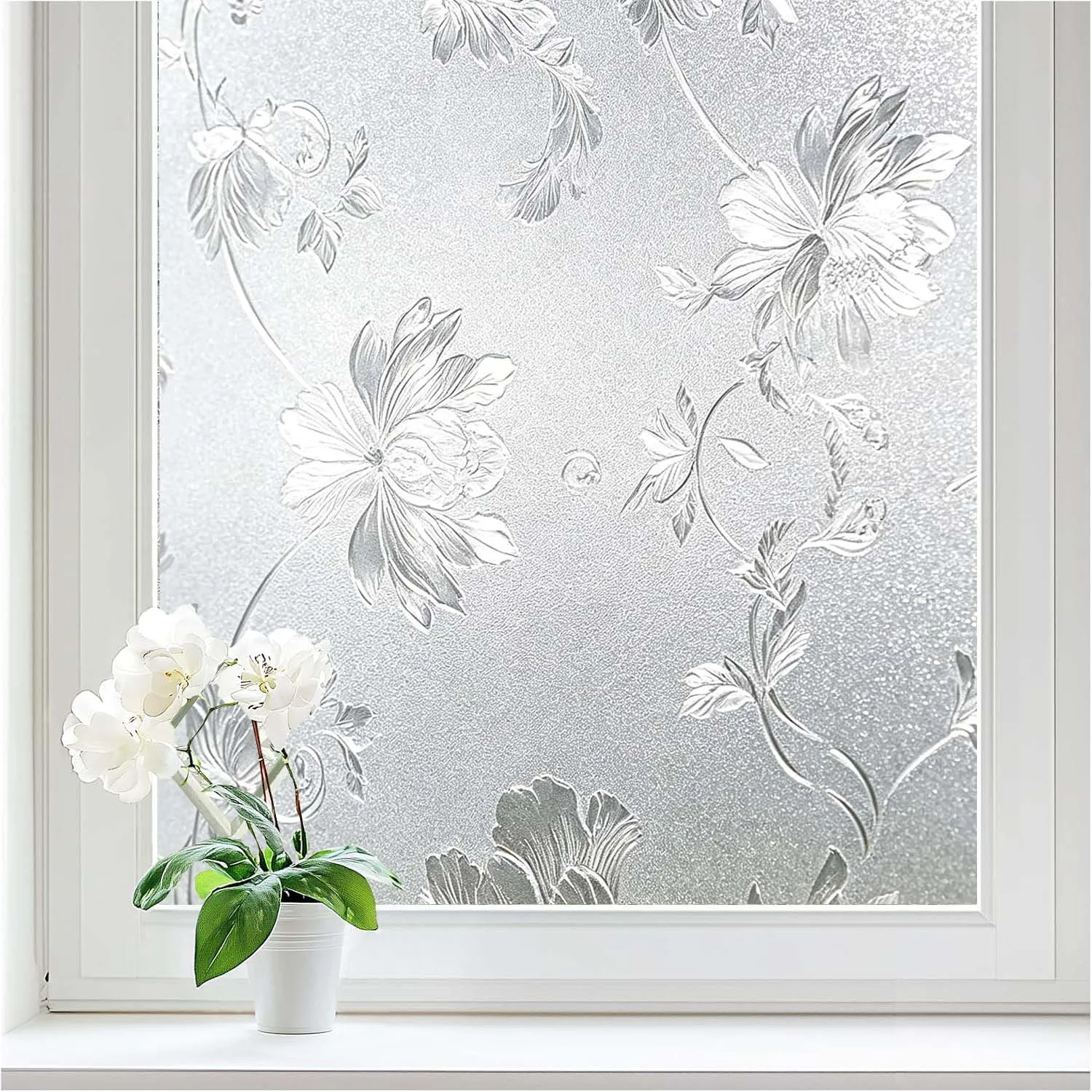 Floral Frosted Window Privacy Film Static Cling, Decorative Flower Glass Sticker, No Glue UV Block Tint for Bathroom Home Office