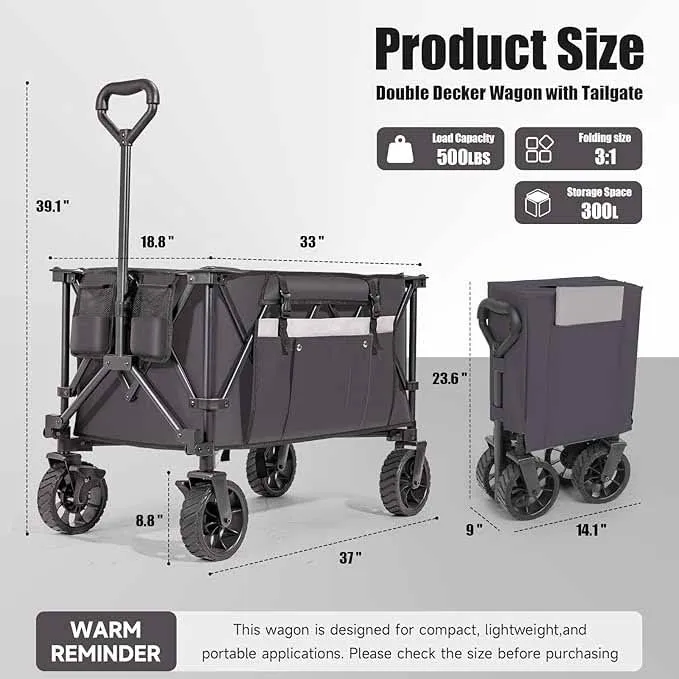 Folding Camping Wagon With Detachable Table, 300L Large Capacity, Heavy Duty Utility Cart With Tailgate