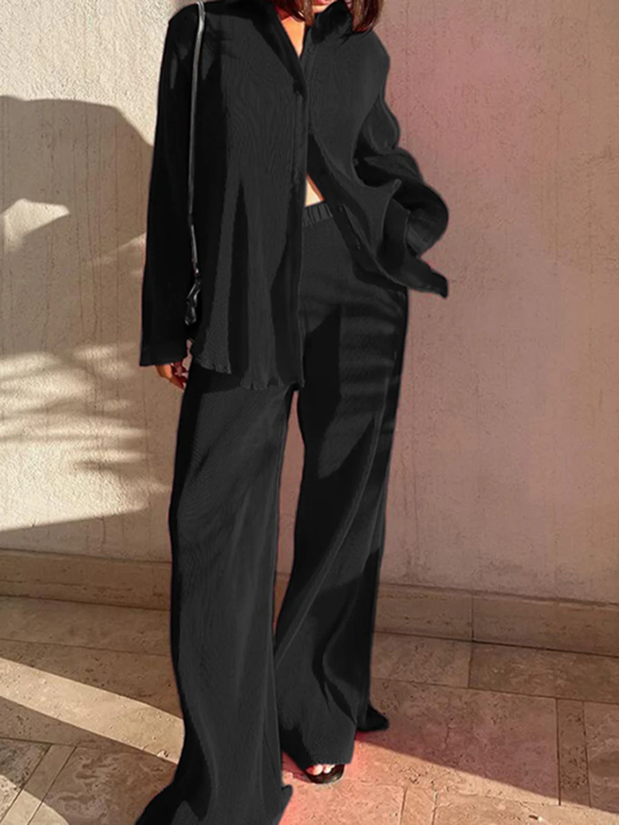 

Autumn Women 2Pcs Pajama Sets Solid Color Turn-Down Collar Button-Down Long Sleeve Tops + Elastic Waist Long Pants Set Sleepwear