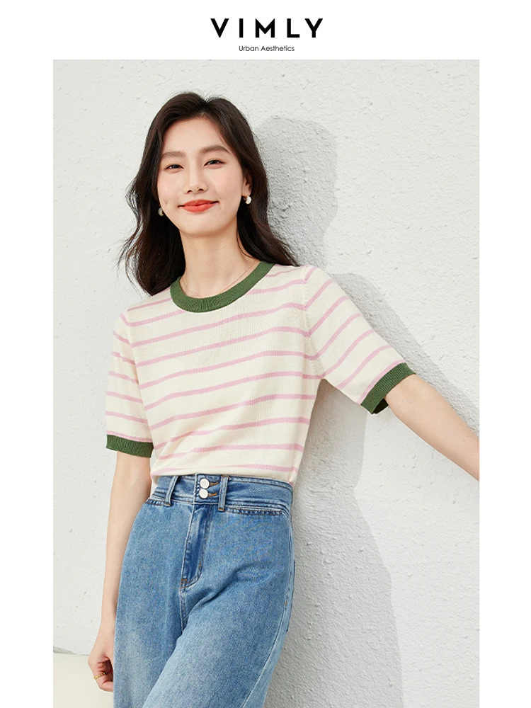 Vimly Summer Contrast Striped Knit Tops for Women 2024 Knitted T-shirts Casual Short Sleeve Tees Knitwear Womans Clothes 72915