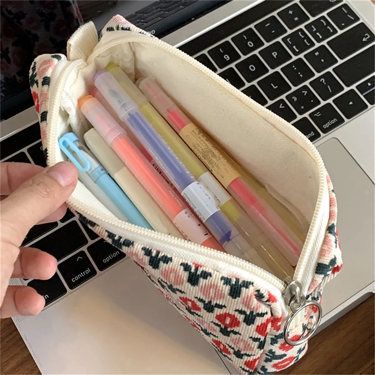 Cute Floral Corduroy Pencil Case Small Cosmetic Lipstick Travel Portable Storage Bag Stationery Pen Makeup Bag Handbag Organizer