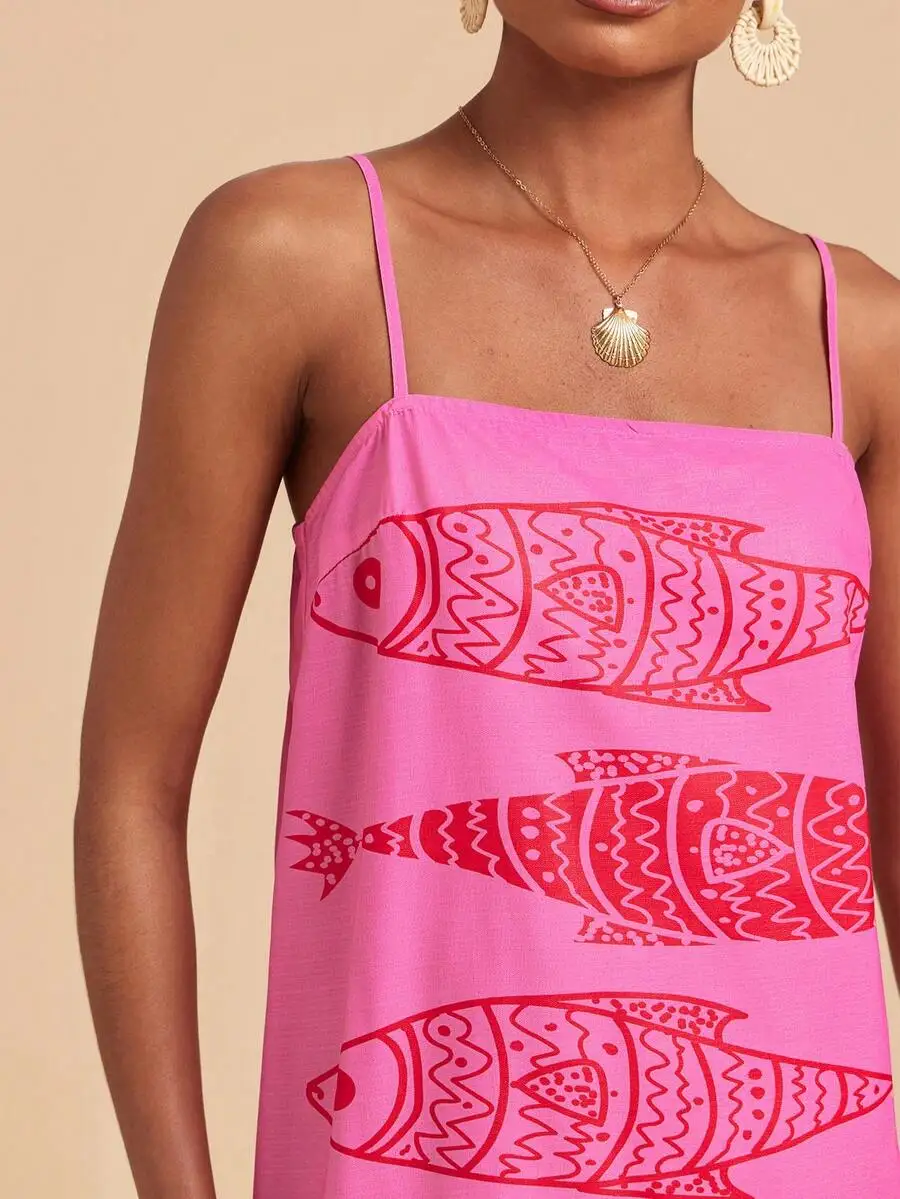 Rosafarbenes Boho-Minikleid mit Fischdruck für Damen, ärmelloses Sommer-Strandurlaub-Outfit