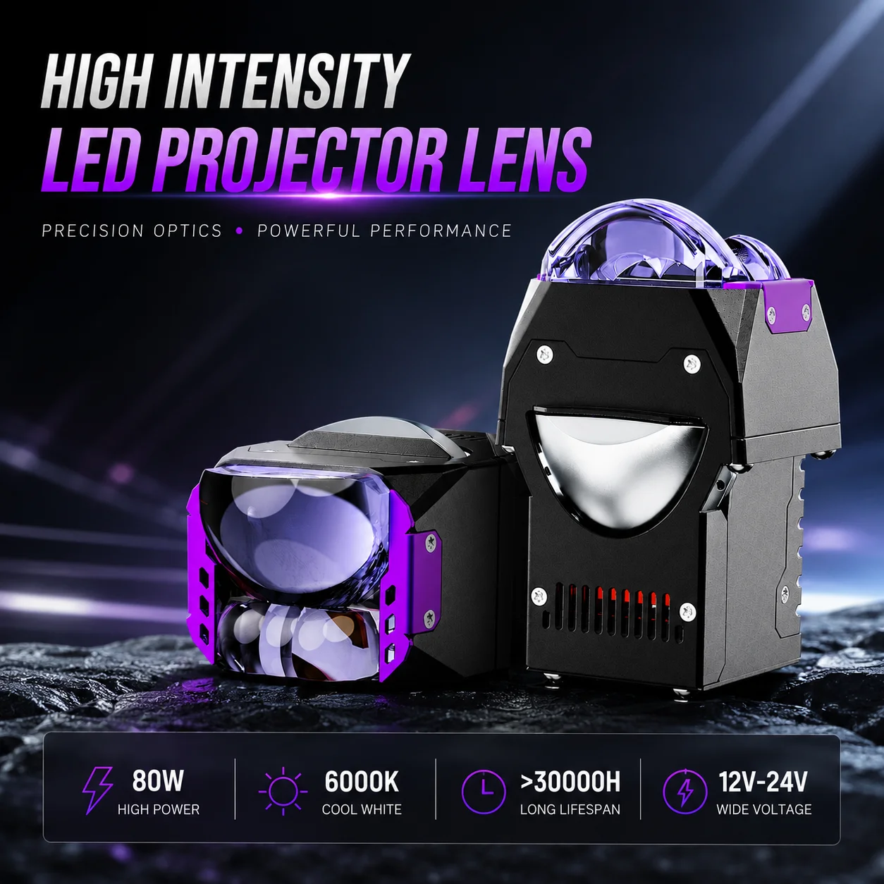 CF Super Bright Triple Beam LED Projector Lens 80W 6000LM Universal Car Auxiliary Driving Light Spotlight White Beam Lamp