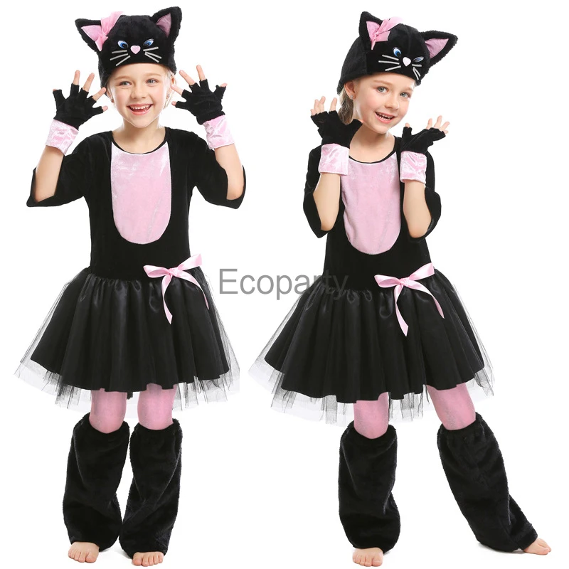 Kids Halloween Animal Costumes Girls Cute Black Cat Cosplay Dress with Hat Glovs Foot Cover Set Mardi Gras Stage Show Outfits