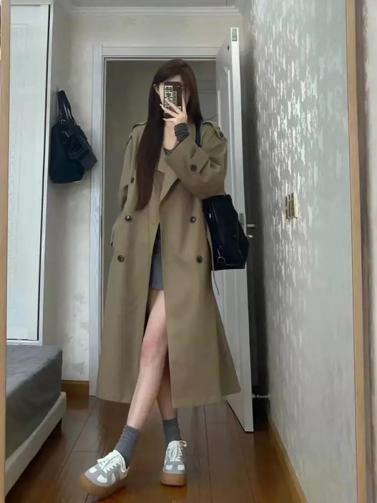 

Autumn French Style Khaki Loose Long Sleeve Double Breasted Workwear Windbreaker Jacket Women Festival Trench Coat Streetwear