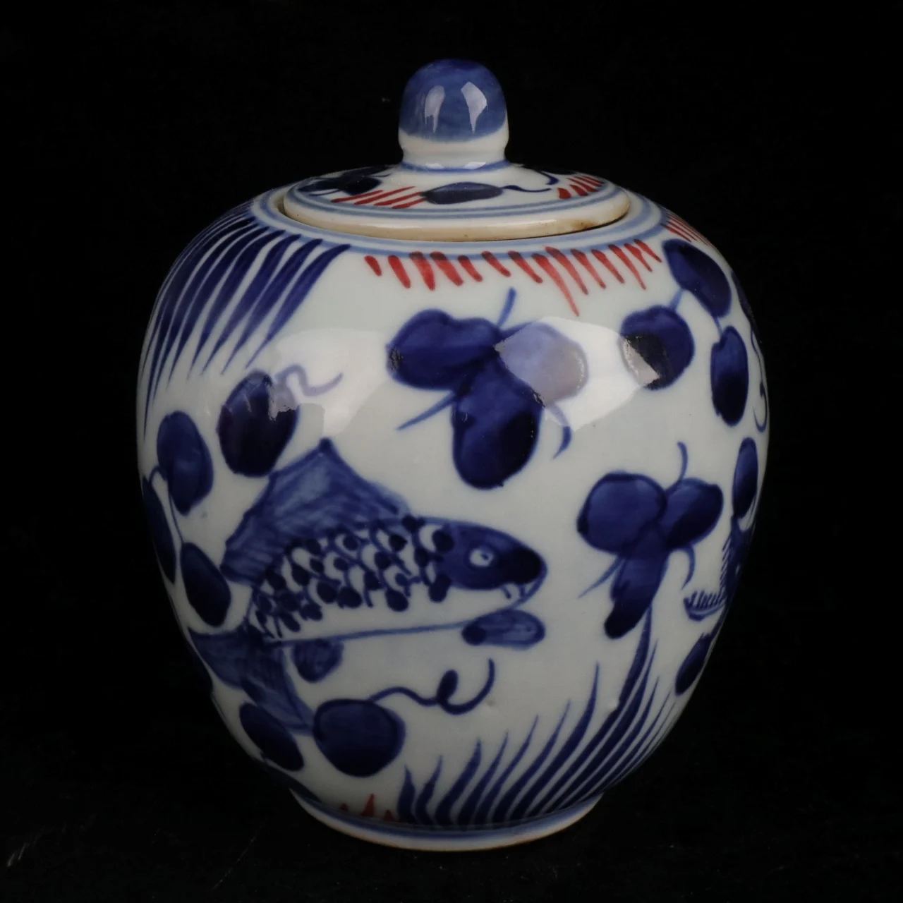 Jingdezhen Blue and White Glazed Red Fish Algae Pattern Small Pot Antique Porcelain Decoration