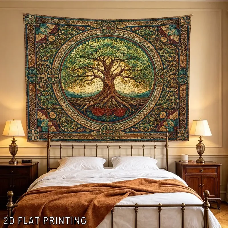 Vintage Tree of Life Tapestry Wall Hanging, Mosaic Celtic Knot Sacred Tree Pattern Backdrop for Dorm Apartment Photo Wall Decor